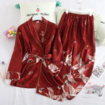 Crane Print Silk Satin Female Pajamas Retro Long Sleeve Robe with Trouser Sleepwear Comfortable Wedding Nightwear for Home