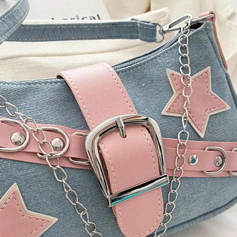 Fashion Women's Handbags Denim Stars Pattern Cool Girls Underarm Bag Female Small Shoulder Hobo Bags Chain Tote Bag