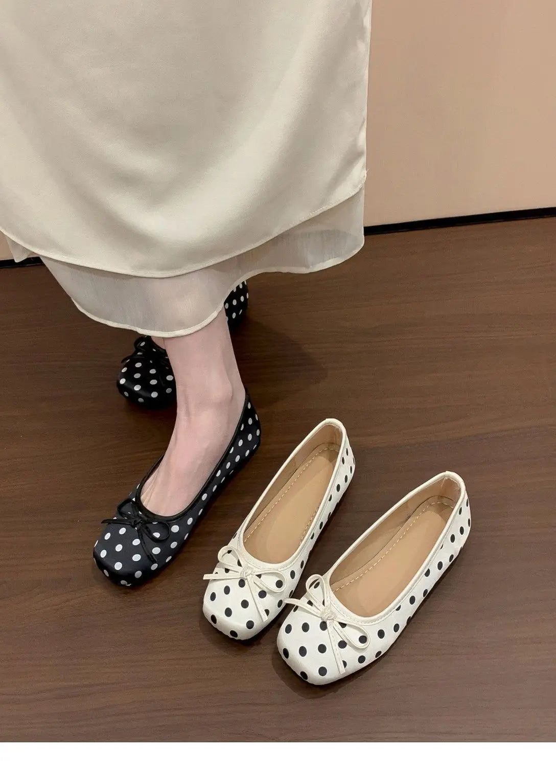 New Butterfly-knot Women Dot Ballet Flats Comfort Square Toe Slip on Shoes Ladies Eelgant Soft Sole Dress Mary Jane Shoes
