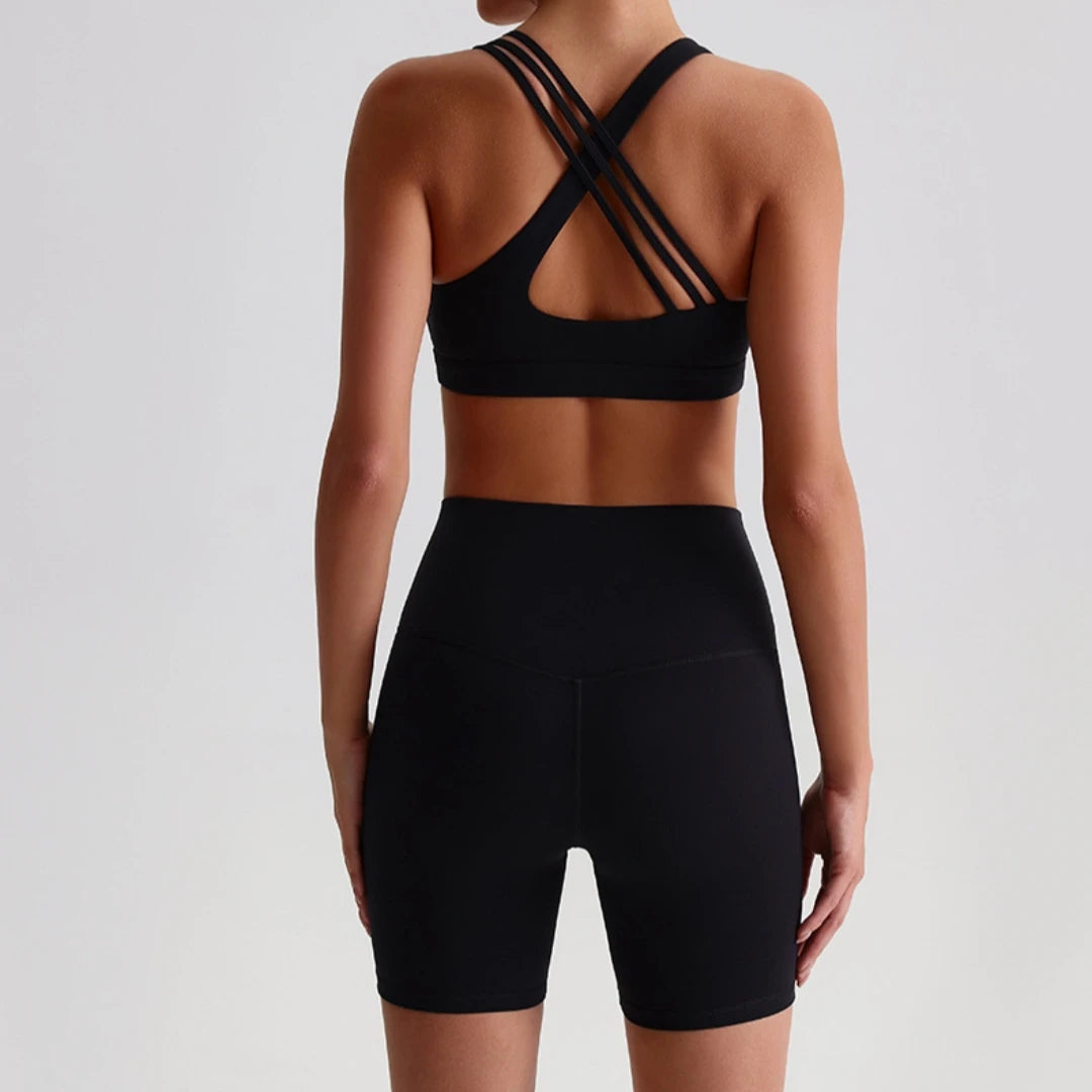 Solid Color Soft Tight Women Gym Yoga Short Legging Cycling Set High Impact Cross Back Shoulder Strap Fitness Sports Bra Workout