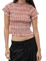 Women Casual Summer Plaid Print Shirred Tops Slim Mock Neck Short Sleeve Crop Ruffle T-shirts Streetwear