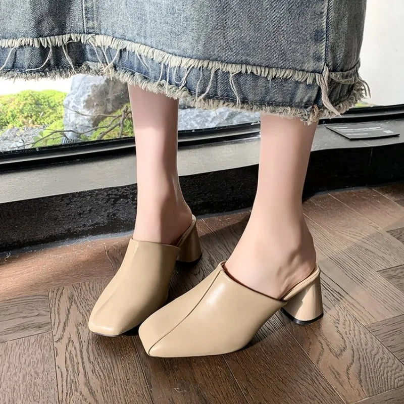 Comemore Baotou Half Slippers Women Square Head High Heels Shoes Fashion Outside Wear Thick Heel Solid Color Mules Slides Shoes