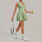 Summer Women Solid Tennis Dresses Sleeveless Turn Down Collar Pleated Skirts with Detachable Pocket Shorts Slim Yoga Golf Dress