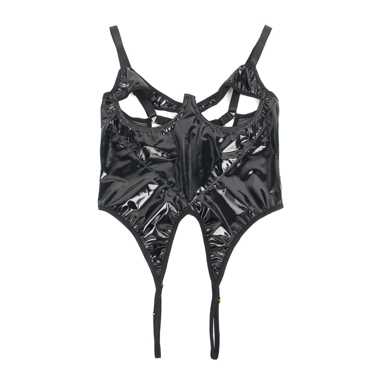 Black PU Leather Mesh Bodysuit for Women Hollow Out Open Crotch Teddy Lingerie Push Up One Piece Jumpsuit Underwear as Outerwear