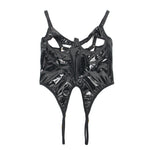 Black PU Leather Mesh Bodysuit for Women Hollow Out Open Crotch Teddy Lingerie Push Up One Piece Jumpsuit Underwear as Outerwear