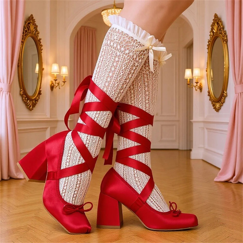 2026 Big Size 43 Cute Red Lolita Ankle Wrap Pumps Sweet 9cm Square High Heels Gothic Cosplay Ballet Style Mary Janes Shoes Women