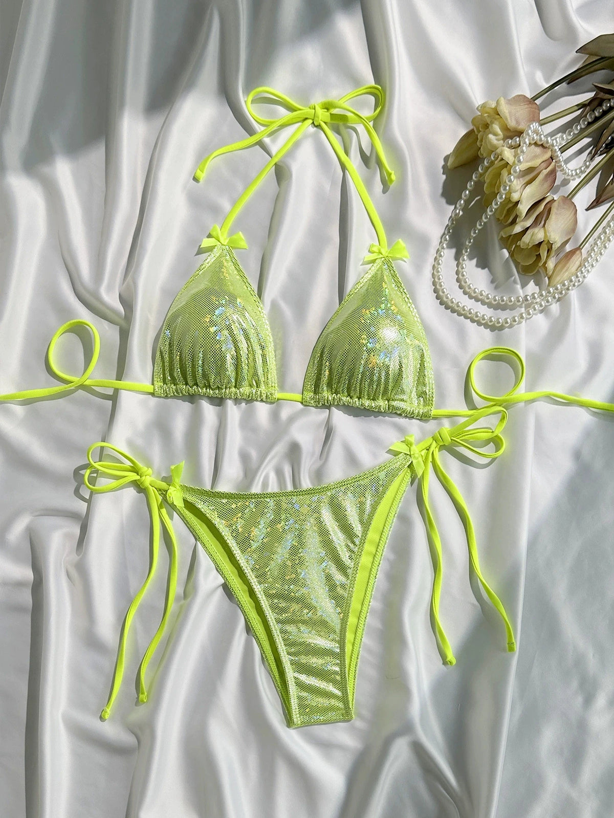 DEKA Shiny Bikini Set Triangle Bandage Swimsuit Women Swimwear Summer Biquini Beachwear Long String Bow Swimsuit Beachwear Suits