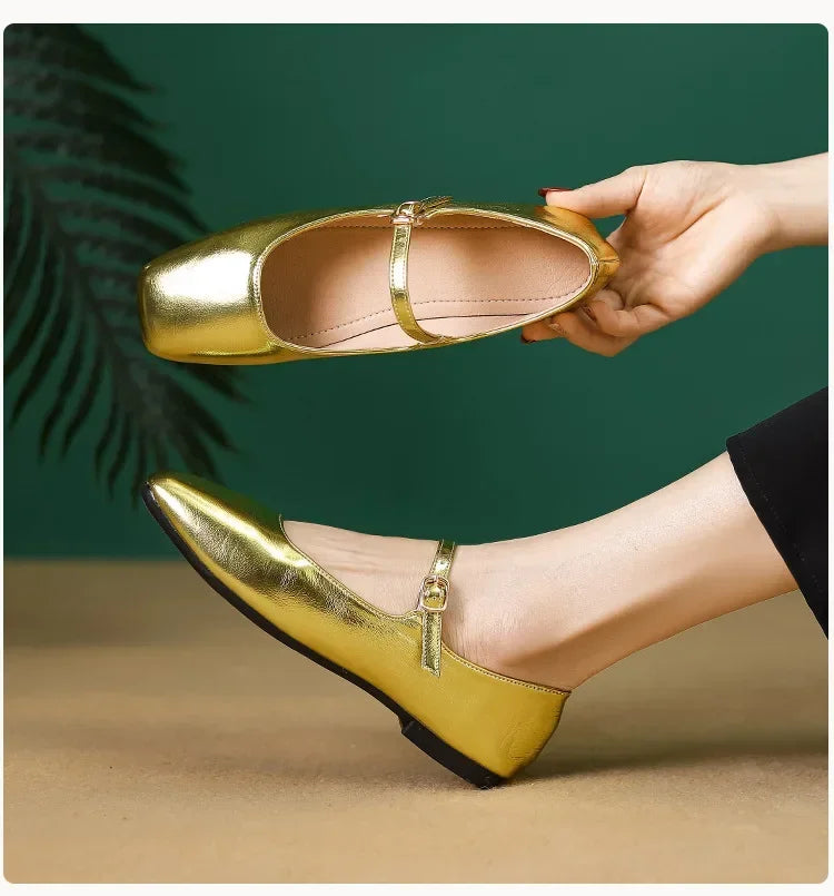 2025 Elegant Woman Square Toe Lolita Lady Barefoot Boat Gold Flats Elegant Soft Sole Ballerina Party Mary Jane Shoes