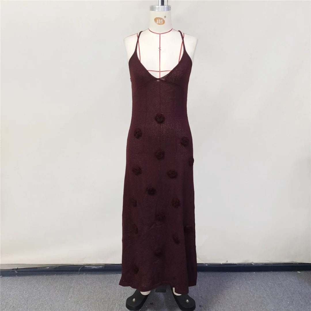 Elegant 3d Flower Knitted Dresses For Women V-neck Backless Sleeveless Lace Up Female Maxi Dress Summer Lady Beach Dress V6211