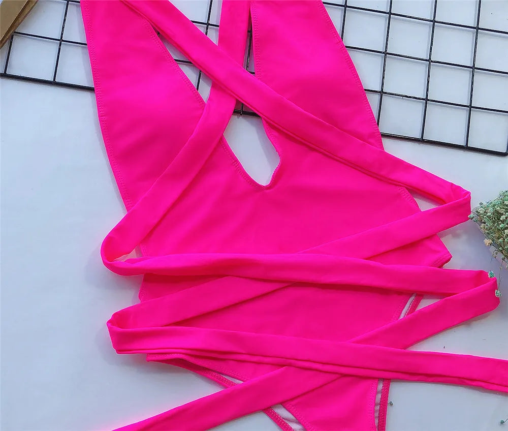 Sexy Red Cross Bandage Backless Swimwear One Piece Swimsuits Woman 2026 Knotted Straps Swimming Bathings Suit V Neck Bodysuits