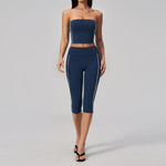 Color Blocked Strapless Yoga Suit 2 Pieces Women Sports Bra High Waist Leggings Fitness Suit Outwear Running Push Up Tracksuit