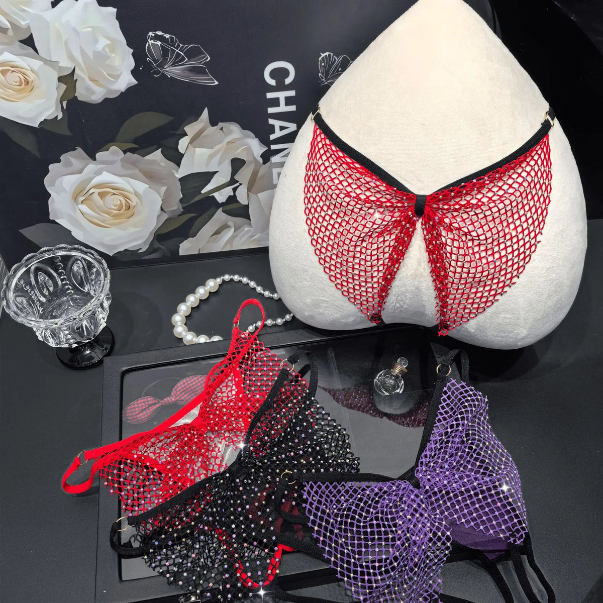 Rhinestone Sex Underwear Fishnet Crotchless Open T Pants Couple Panties Lace Women G String Hot Erotic Briefs Thong Intimates
