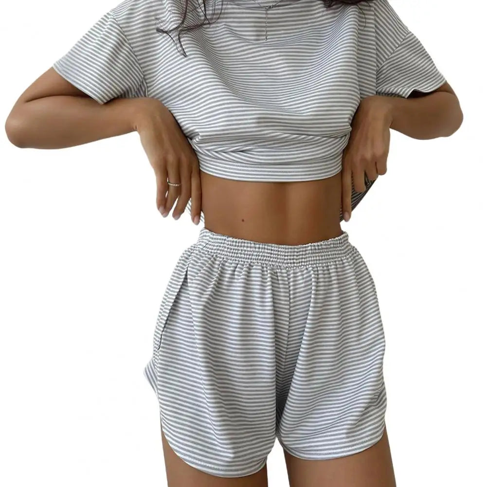 2 Pcs/Set Summer Sleepwear For Women Striped Printed Homewear Top Pants Suit Loose Short Sleeve T-shirt Elastic Waist Shorts