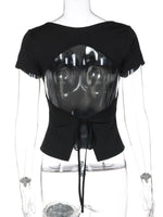 FDYOUI Fashion Casual Backless Lace-up T-shirts Women's Summer O-neck Short Sleeve Cropped Tops Streetwear Y2K Solid Tee Shirt