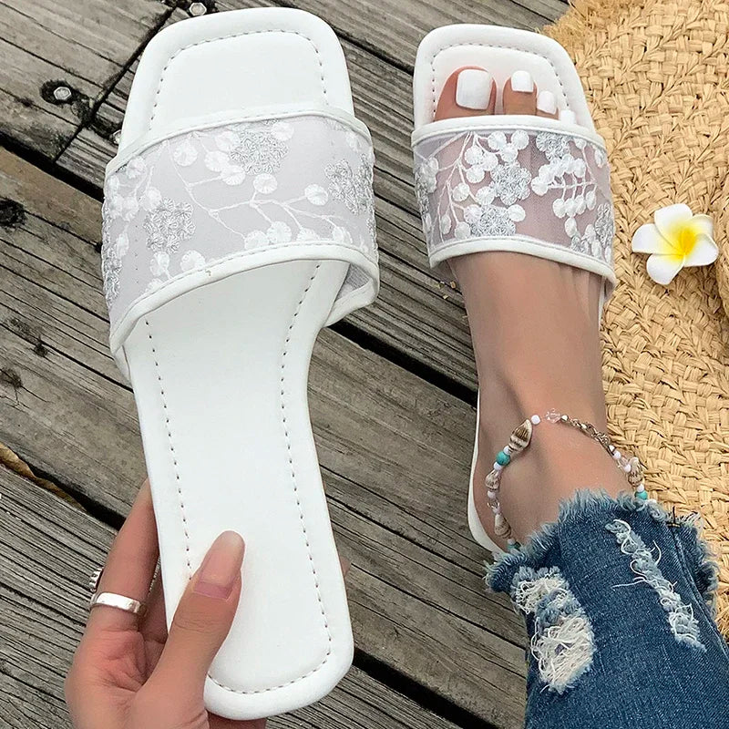 Retro Embroider Low Heel Slippers Women Summer Square Toe Slip On Slides Woman New Anti-Slip Beach Pu Leather Slippers Mujer
