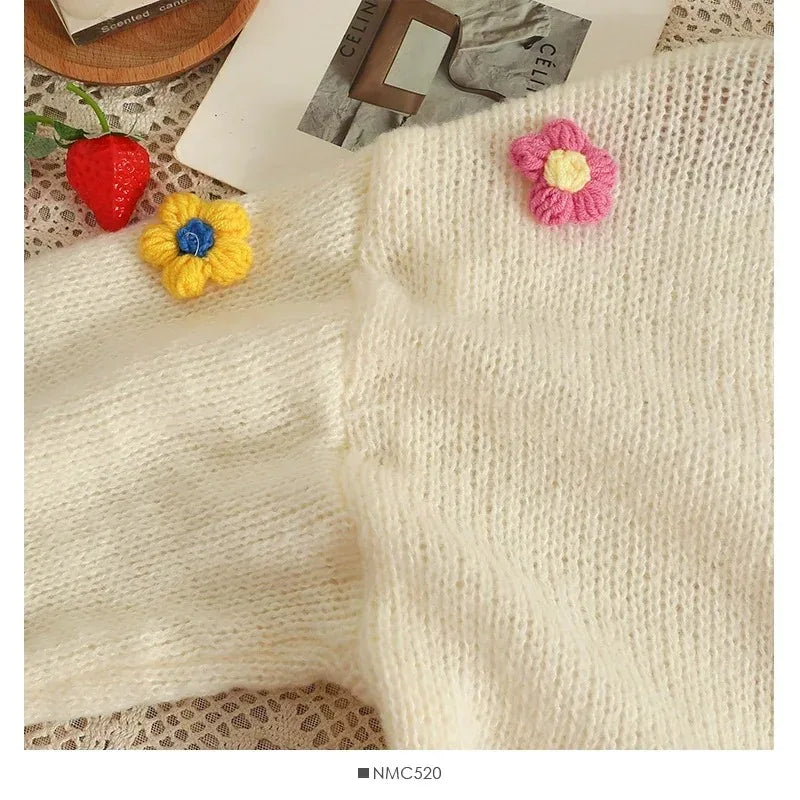 New Autumn Colourful Applique Flower Cardigan for Women Cute LongV-neck Knit Crop Sweater Girl Soft Knitwear