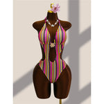 Striped Colorful Halter Cut Out One Piece Swimsuit Women Swimwear Female Monokini High Leg Cut Bather Bathing Suit Swim V8304