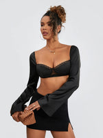 Women Long Sleeve Crop Tops Mesh Lace Trim Sweetheart Neckline Tie-Up Backless T-Shirts Spring Fall Slim Fit Shirts Streetwear
