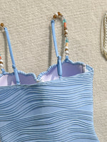 Vintage Blue Wave One Piece Swimwear Women 2026 Beading Strap Push Up Underwire Tummy Control Bathing Suit One Piece Swimsuit