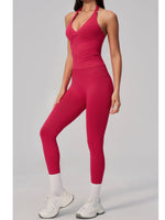 Summer Seamless Yoga Sets Women V Neck Slim Sports Tank Top Fitness Suit Peach Hip High Elasticity Leggings Running Tracksuit