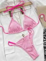 Neon Halter Ribbed Bikini Female Swimsuit Women Swimwear Two-pieces Bikini Set Padded Bather Bathing Suit Swim Lady Beachwear