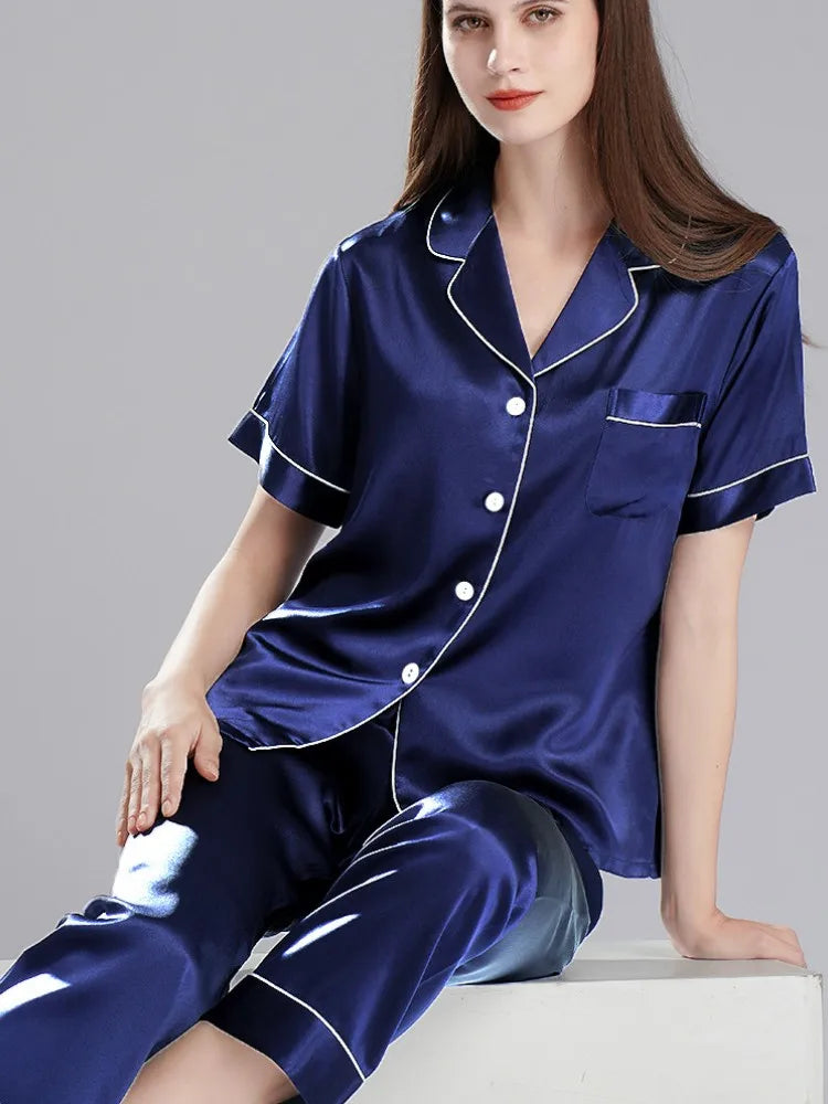 Autumn Winter Stain Silk Pajamas Set for Women Casual Soft Breathable and Relaxed Fit Shirt Tops and Long Pants Sleepwear