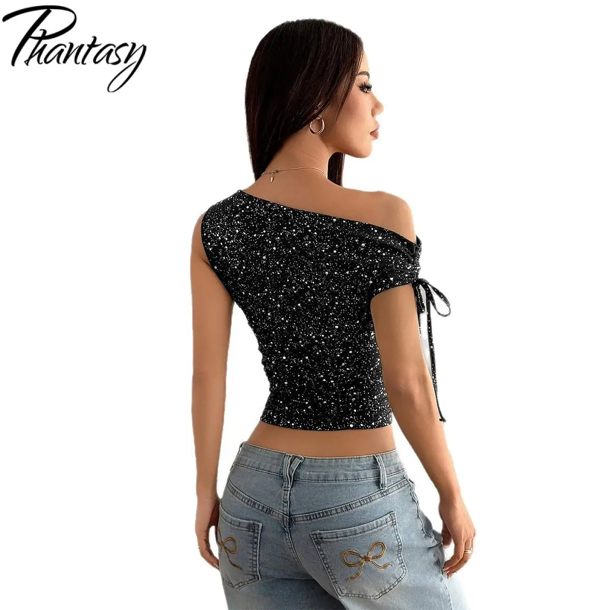 Phantasy Women's One Shoulder Sequin Sparkly Tops Sleeveless Asymmetrical Vest Fashion Y2K T-Shirt Women's Vestido 2025 Summer