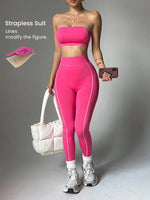 Women Strapless Bandeau Sports Bra Seamless High Waist Yoga Leggings Set Padded Workout Fitness Gym 2 Piece Outfits