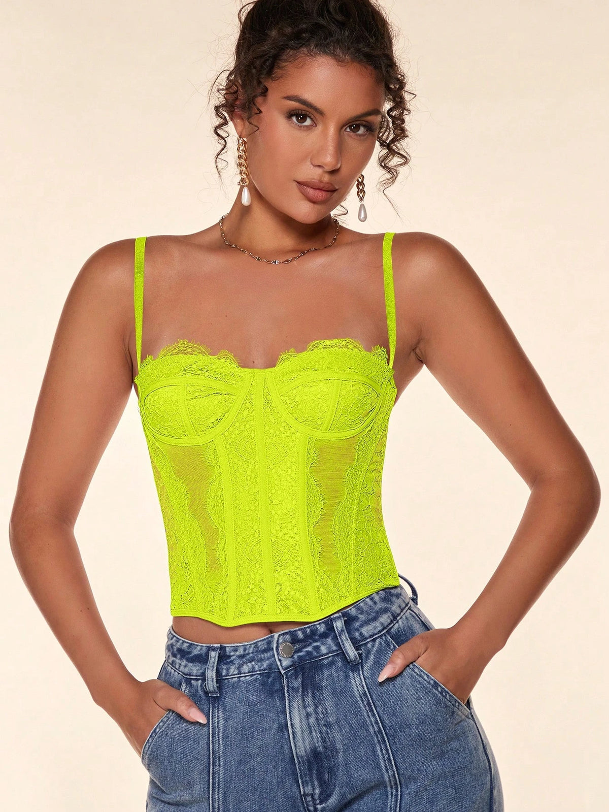 Women's Sexy Tight Corset Top with Eyelash Lace Semi-Sheer Fishbone Design Fashion Short Vest Camisole