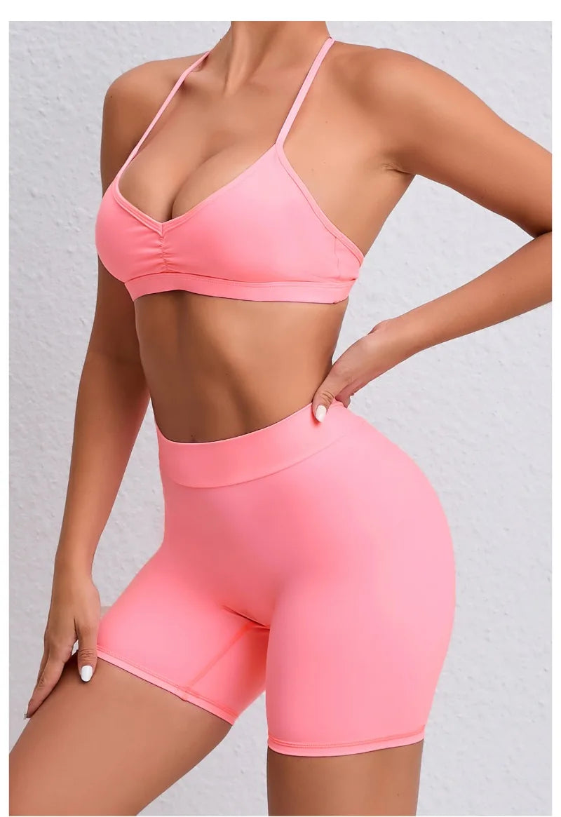 Women's 2-Piece Yoga Sets High Waist Seamless ShortsHip-Lifting & Backless Gym Leggings Quick Dry Workout Fitness Suits