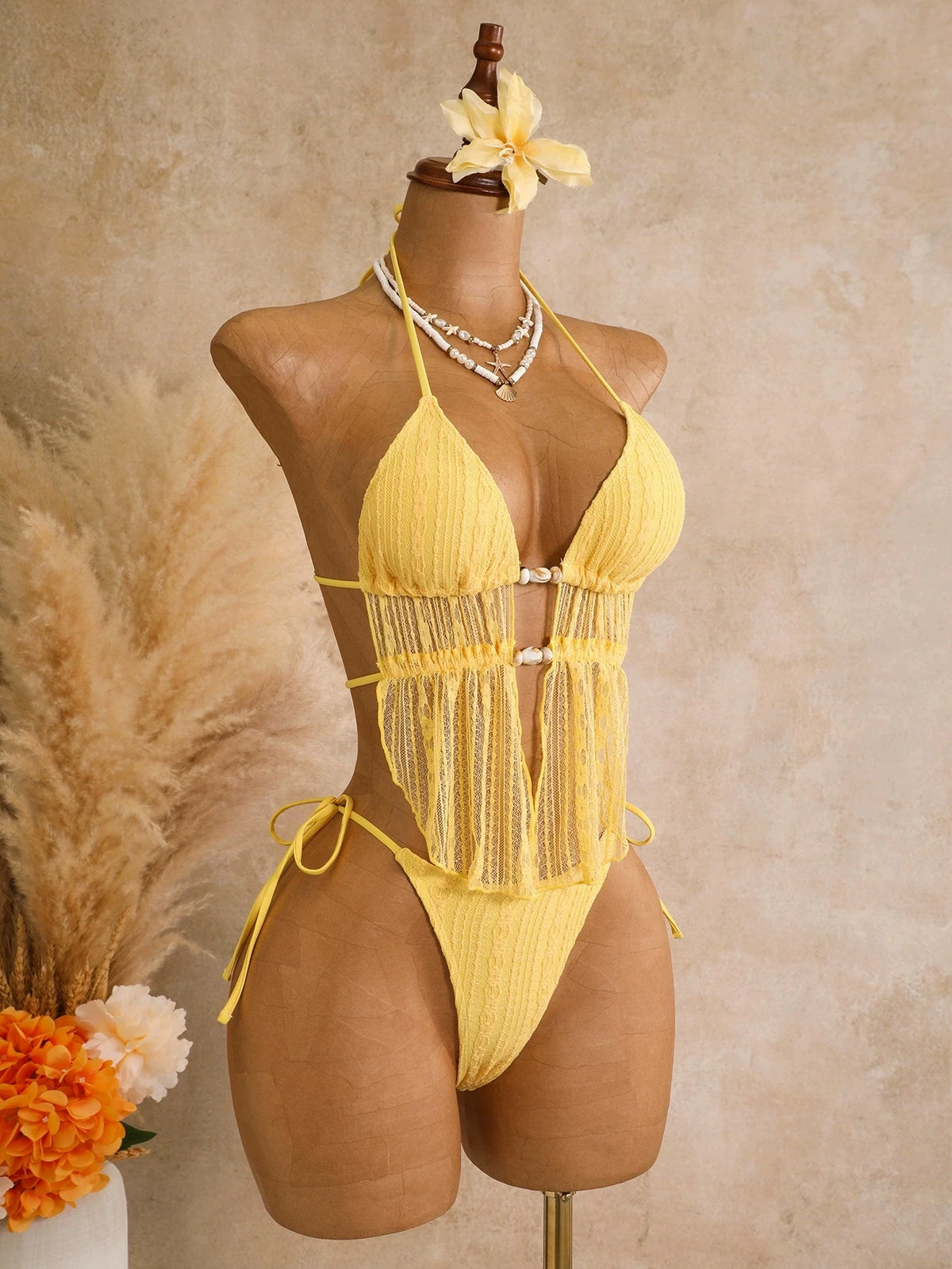 DEKA Sexy Yellow Triangle Bikini Set Women Halter Mesh Stone Swimwear Bandage Cross Crop Top Two Piece Swimsuit Beach Bathing Su