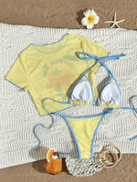 DEKA Women S -XL Printed Short Sleeve Bikini Female Swimsuit Yellow Swimwear Three-Pieces Bikini Set Bather Bathing Suit Swim