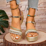 Bohemian Style Wedges Golden Sandals Women Plus Size 43 Summer Platfrom Heighten Sandals Woman Lightweight Ankle Buckle Sandles