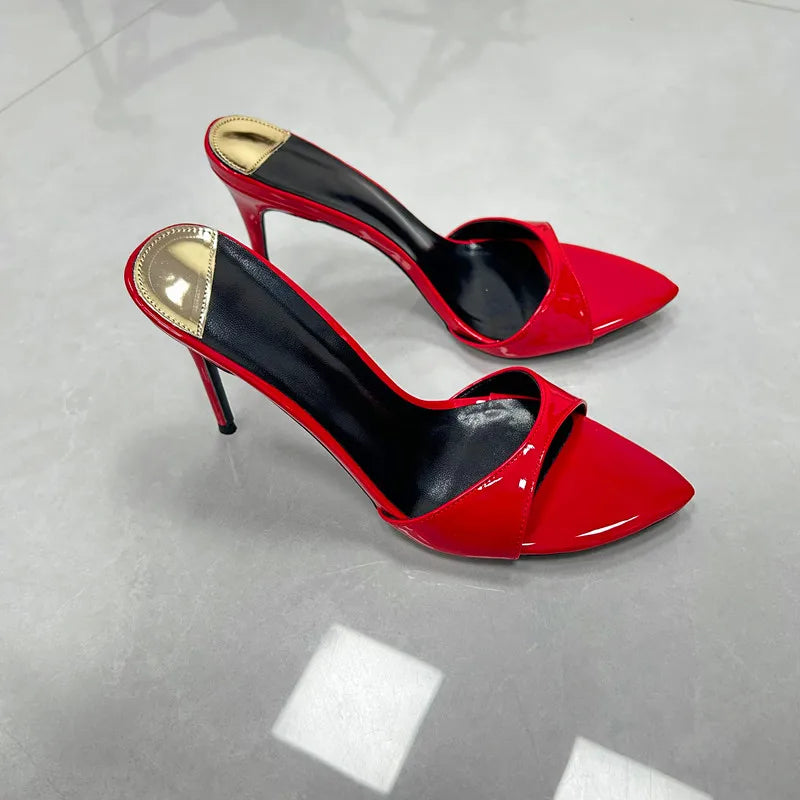 Europe and America Plus Size 10CM 12CM Summer High Heels For Women's Slides Pointed Toe Sandals Sexy Woman Shoes Red Slippers