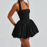 Women Bubble Halter Mini Dress Elegant Summer Sleeveless Tie up Backless Corset Evening Party Club Short Dress Y2K Streetwear