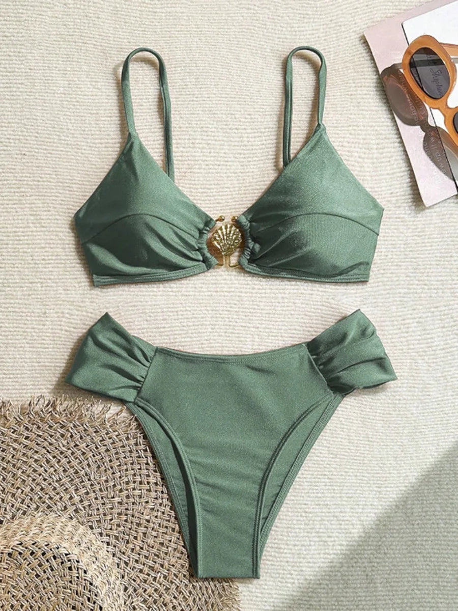 S - XL Metal Shell Halter Female Swimsuit High Waist Bikini Women Swimwear Two-pieces Bikini set Bather Bathing Suit Swim Lady