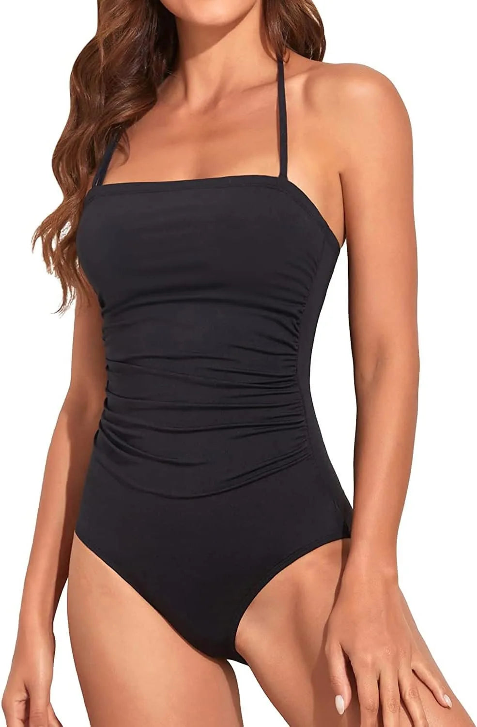 Sexy Bandeau One Piece Swimsuit 2025 Women Black Pleate Slimming Tummy Control Swimwear Summer Holiday Bathing Suit Monokini