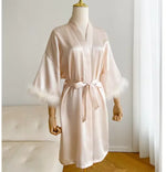 Fashion Satin Robe Female Bathrobe Sexy Lingerie Silk Kimono Bride Dressing Gown Women Sleepwear Furry 3/4 Sleeve Gown Bathrobe
