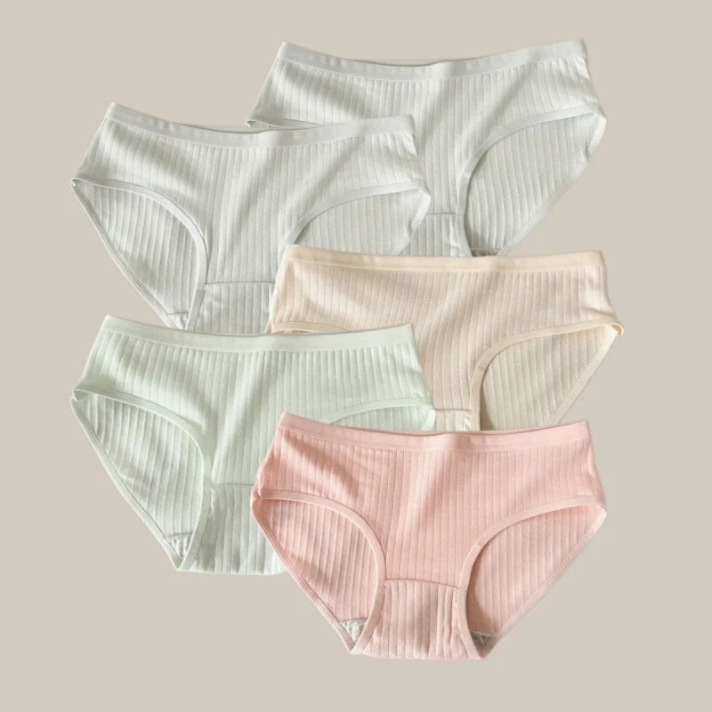 5Pcs/Set Women Cotton Briefs Ribbed Panties Low Rise Underwear Female Underpants Solid Color Sexy Lingerie Soft Intimates M-XL