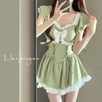 Korea Style One Piece Swimsuit with Skirt Monokini 2024 Women Front Bow Push Up Pleate Tummy Control Beach Bathing Suit Swimwear