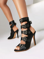 Fashion Buckle Women's Sandals Summer Shoes 2025 Sexy Cut-outs High Heels Black Peep Toe Footwear Party Office Dance Shoes Girls