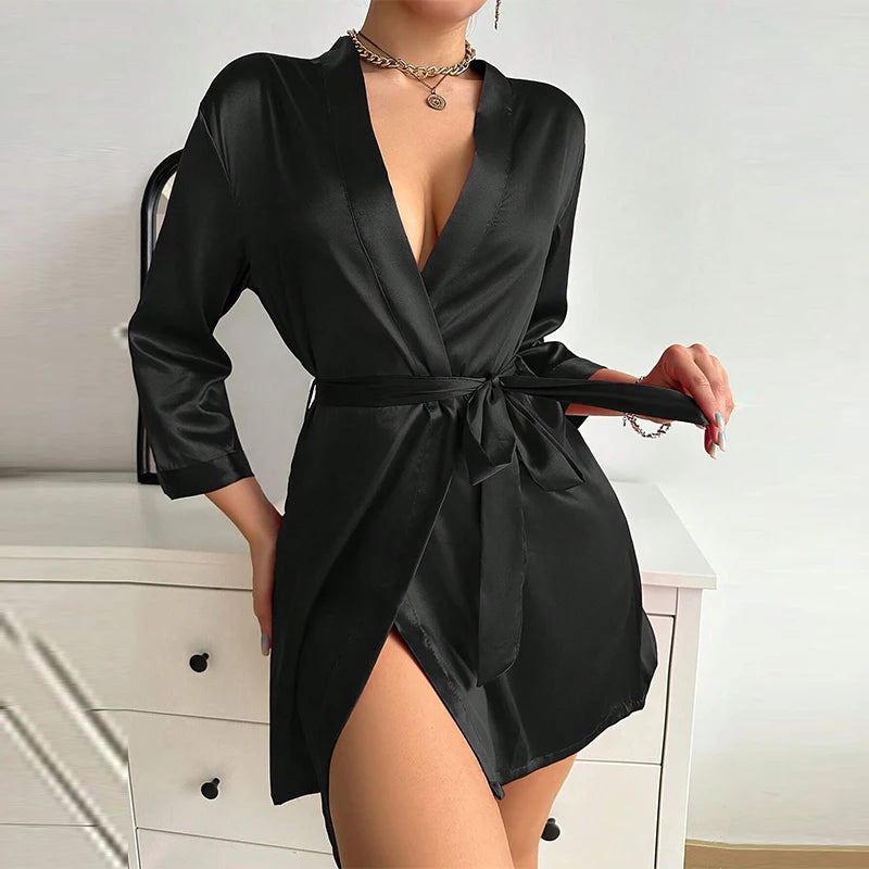 Women Satin Kimono Robe Black 3/4 Sleeve Open Front Bath Robe With Belt Ladies Nightgown Sleepwear Loungewear Home Dress