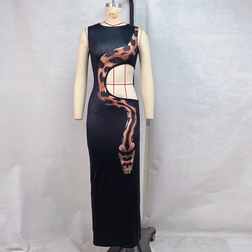 Snake Print Cut Out Slim Long Dress Women Fashion Sexy Package Hip Bodycon Slit Sleeveless Dresses Club Party Vestidos 2025 New
