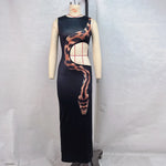 Snake Print Cut Out Slim Long Dress Women Fashion Sexy Package Hip Bodycon Slit Sleeveless Dresses Club Party Vestidos 2025 New