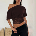 FDYOUI Sexy Chic Diagonal Collar Lace Patchwork T-shirts 2026 Women Short Sleeve Irregular Cropped T Shirt Lady Tunics Tops Tees