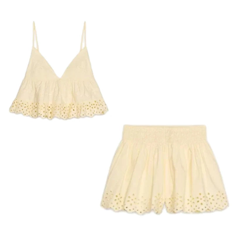 Foridol Cotton Shorts Set Women's Two Pieces SetOutfits Hollow Out Embroidery Summer Casual Outfits Matching Set 2025