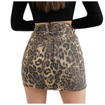 Womens Leopard Print Denim Mini Skirt High Waist Bodycon Pencil Skirts Sexy Slim Fit Hip Wrapped Night Club Skirts Streetwear