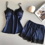 Women Pajama Set Fashion V Neck Stretch Satin Babydoll Lace Sexy Lingerie Bowknot Nightgown Sleep Shorts Set Sleepwear