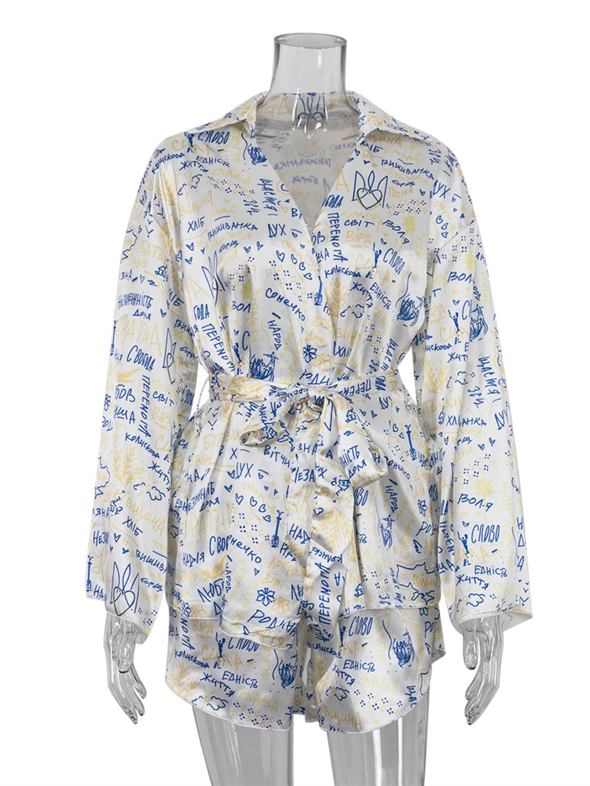 Marthaqiqi Fashion Ladies Nightgowns Suit Turn-Down Collar Robe Lace Up Pajama Long Sleeve Sleepwear Shorts Printing Nightie Set