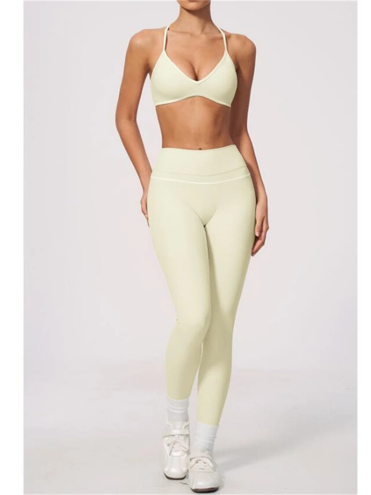 New Yoga Suit Women Color Blocked V-neck I Shape Sports Bra Fitness Clothes Summer Tight Running High Waist Leggings Tracksuit